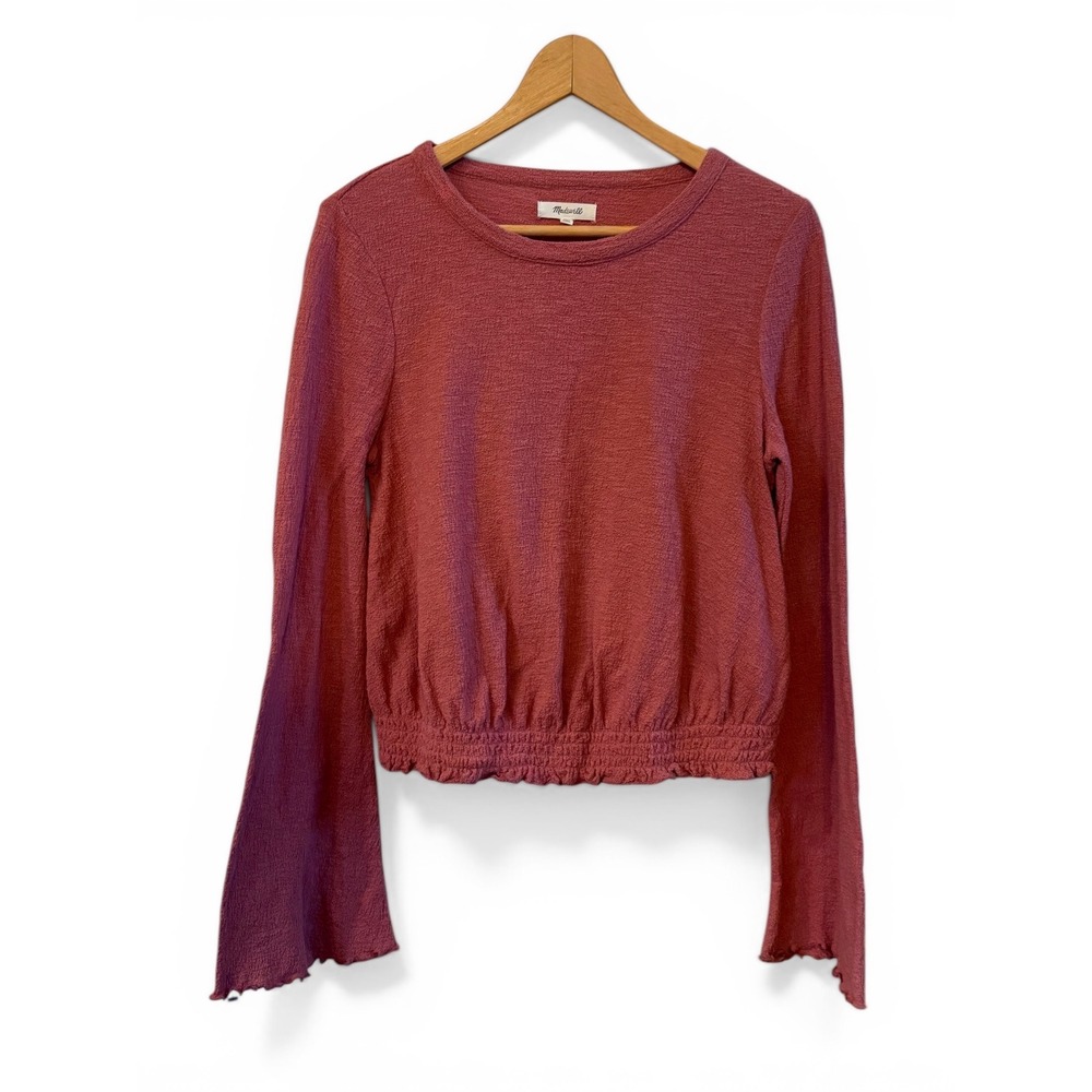 Wms Madewell LS Mauve/Dusty Pink Smocked Textured S Crop Boho Top w/Bell Sleeves